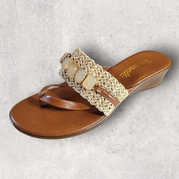 Toscanella Brown Thong Wedge Heel Sandals 8 Slip On Jeweled Made in Italy - Picture 1 of 13